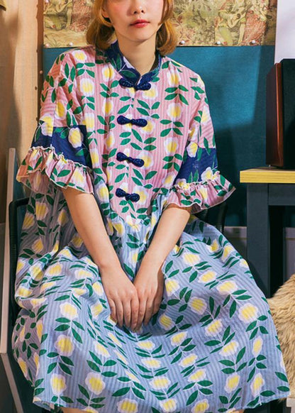 Vintage Pink Print Cute stand collar Summer Dress - SooLinen