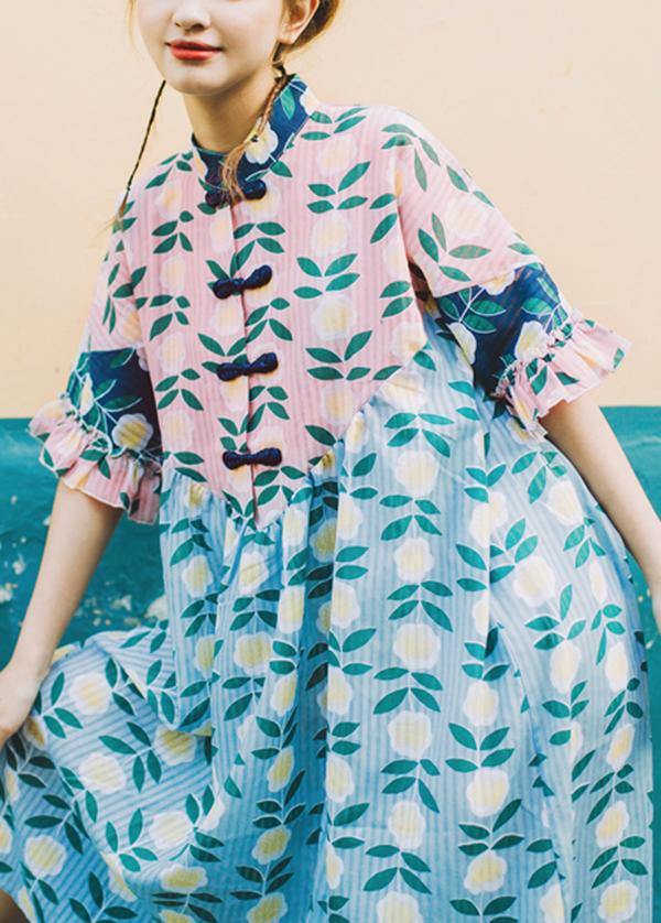 Vintage Pink Print Cute stand collar Summer Dress - SooLinen