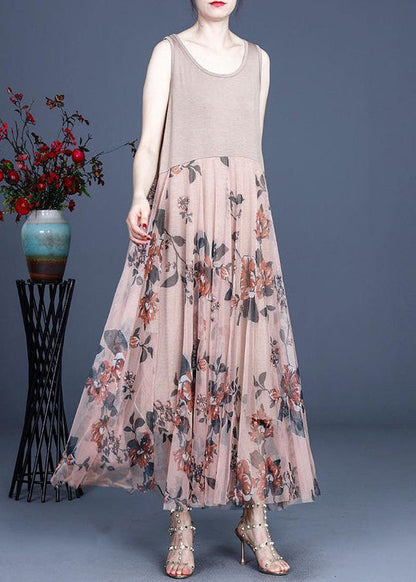 Vintage Pink Print Spitzenkleid O-Ausschnitt Ärmellose Sommerkleider