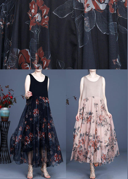 Vintage Pink Print Spitzenkleid O-Ausschnitt Ärmellose Sommerkleider