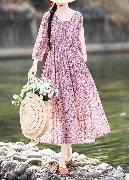 Vintage Pink Purple Print Cinched Cotton Pockets Summer Long Dresses - SooLinen