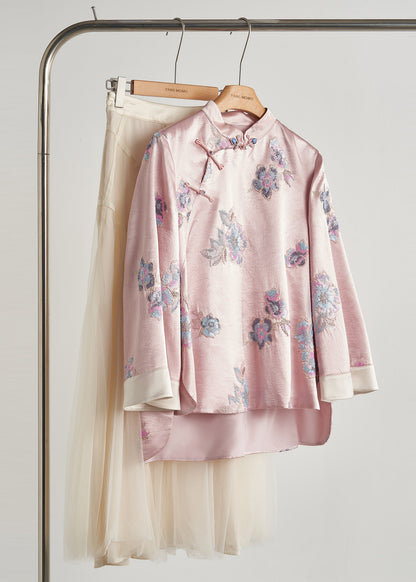 Vintage Pink Sequins Embroidered Silk Coats Fall