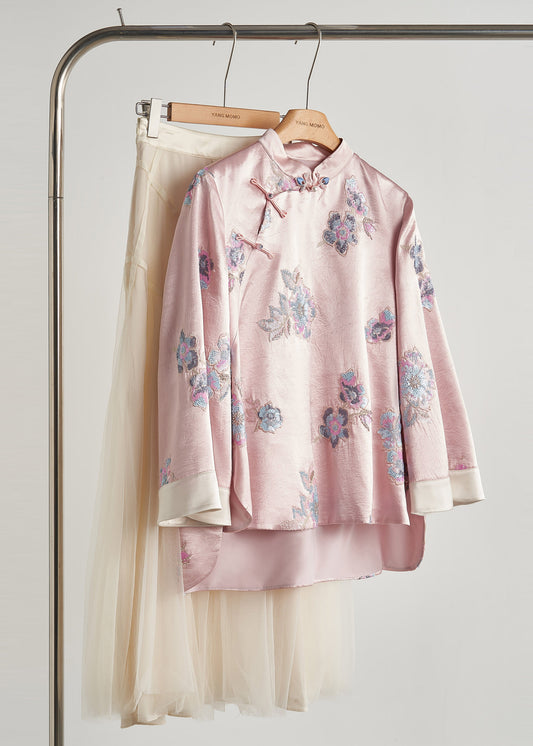 Vintage Pink Sequins Embroidered Silk Coats Fall
