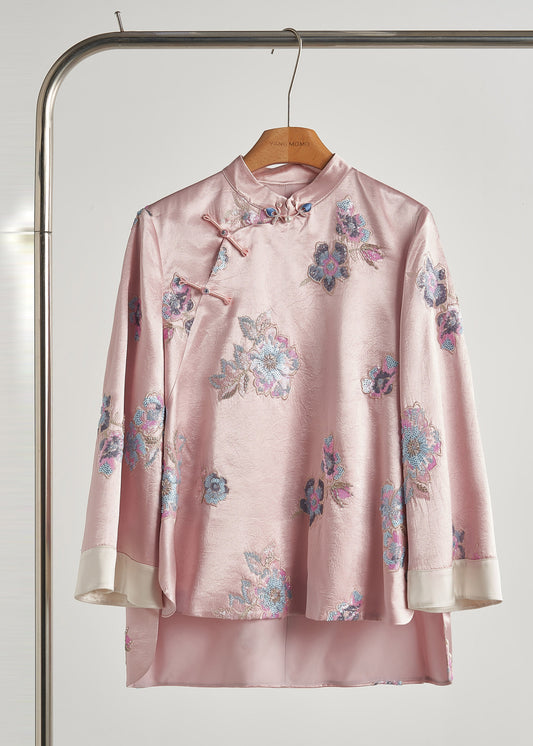 Vintage Pink Sequins Embroidered Silk Coats Fall