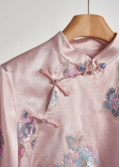 Vintage Pink Sequins Embroidered Silk Coats Fall