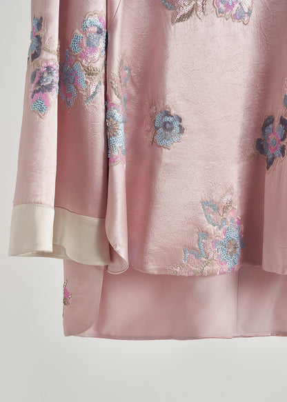 Vintage Pink Sequins Embroidered Silk Coats Fall
