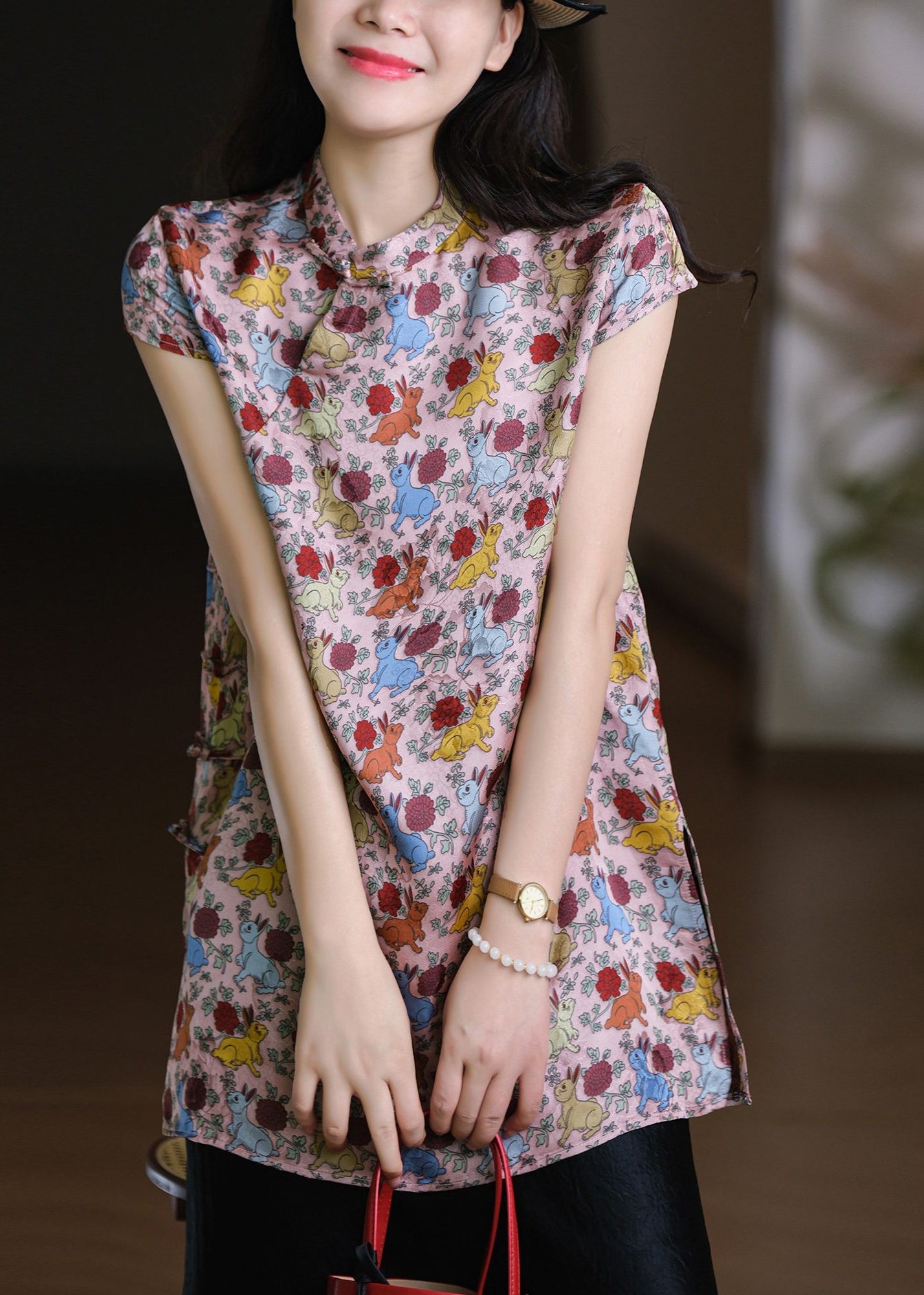 Vintage Pink Stand Collar Side Open Silk Cotton T Shirts Short Sleeve