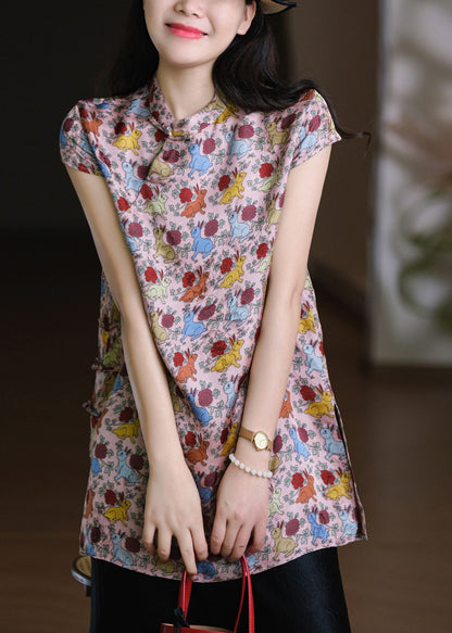 Vintage Pink Stand Collar Side Open Silk Cotton T Shirts Short Sleeve