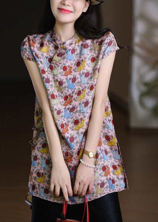 Vintage Pink Stand Collar Side Open Silk Cotton T Shirts Short Sleeve