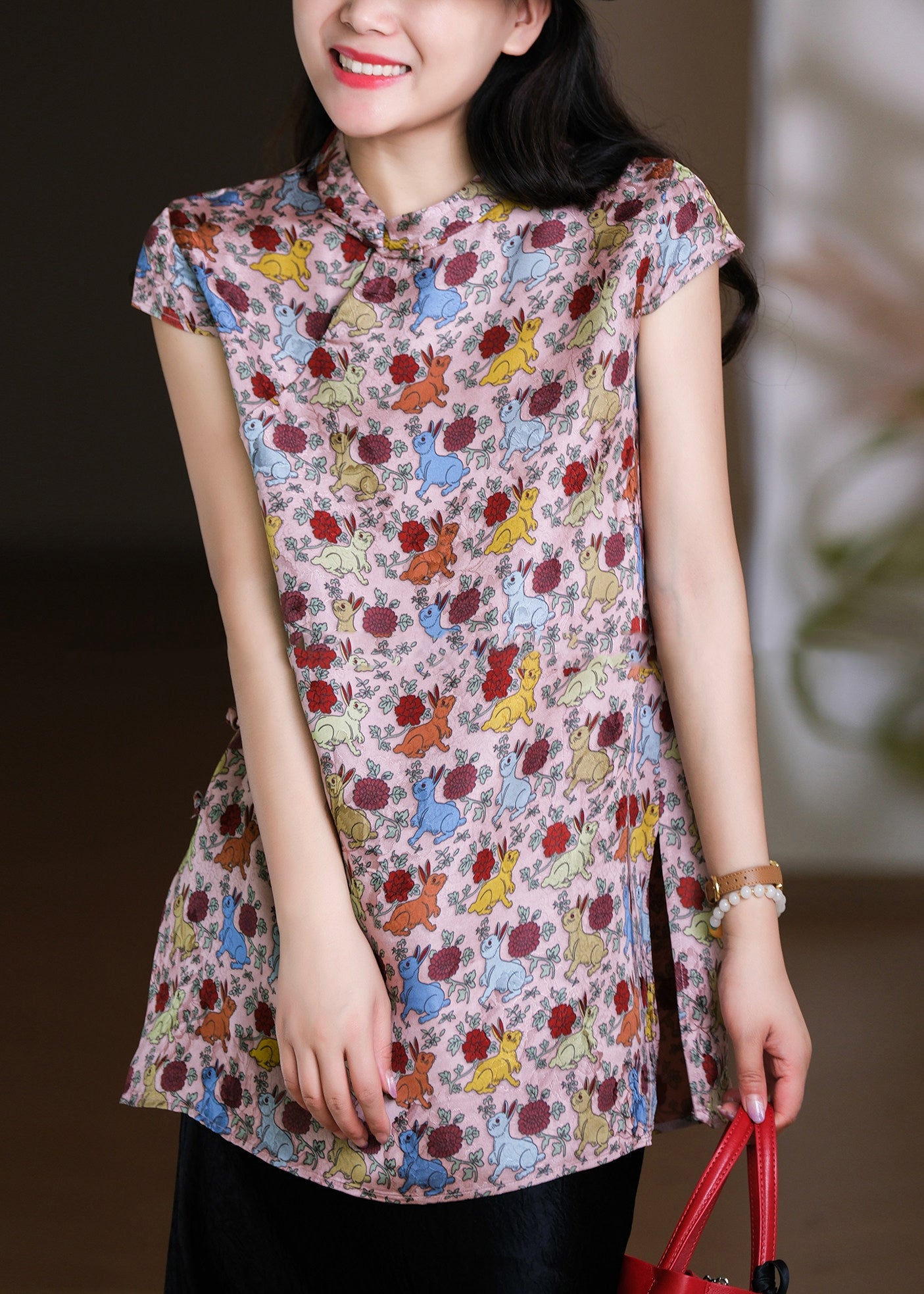 Vintage Pink Stand Collar Side Open Silk Cotton T Shirts Short Sleeve
