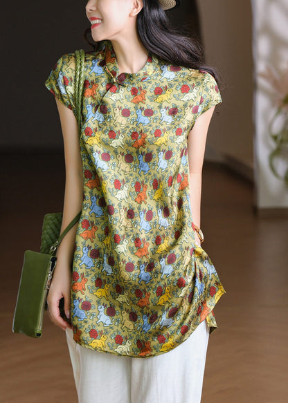 Vintage Pink Stand Collar Side Open Silk Cotton T Shirts Short Sleeve