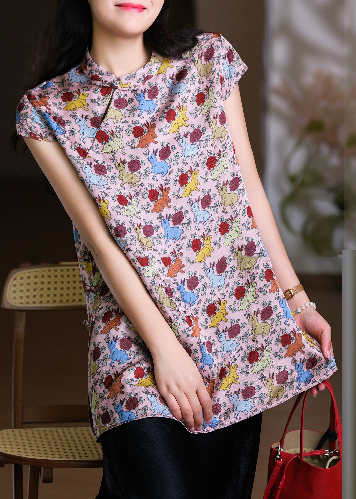 Vintage Pink Stand Collar Side Open Silk Cotton T Shirts Short Sleeve