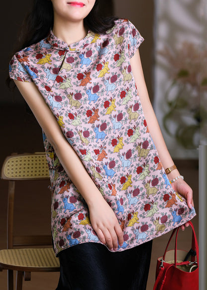 Vintage Pink Stand Collar Side Open Silk Cotton T Shirts Short Sleeve