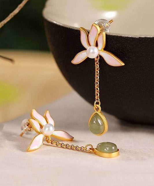 Pendientes vintage de jade con incrustaciones doradas en plata de ley rosa