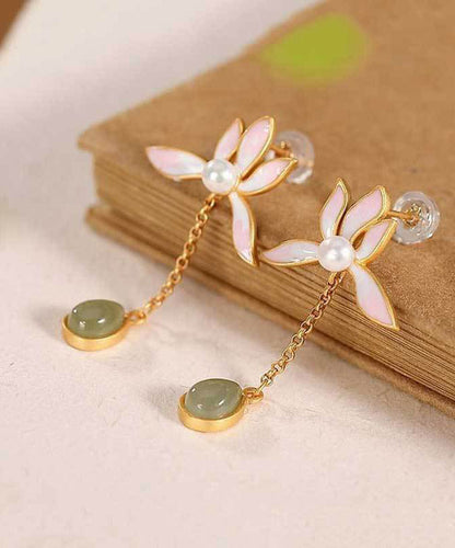 Pendientes vintage de jade con incrustaciones doradas en plata de ley rosa