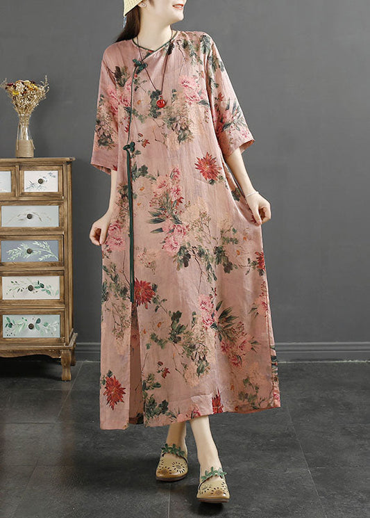 Vestidos de verano de lino con patchwork y estampado de borlas rosas vintage