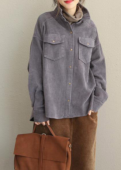 Vintage Rosa und Grau Herbst Lockerer Cord Kurzmantel für Frauen