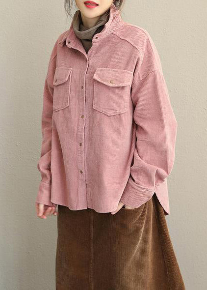 Vintage Rosa und Grau Herbst Lockerer Cord Kurzmantel für Frauen