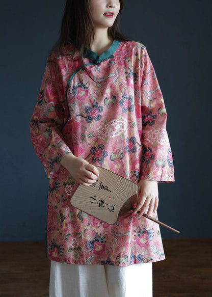 Vintage Rosa Knopf Stehkragen seitlich offener Druck Leinen Tops Langarm