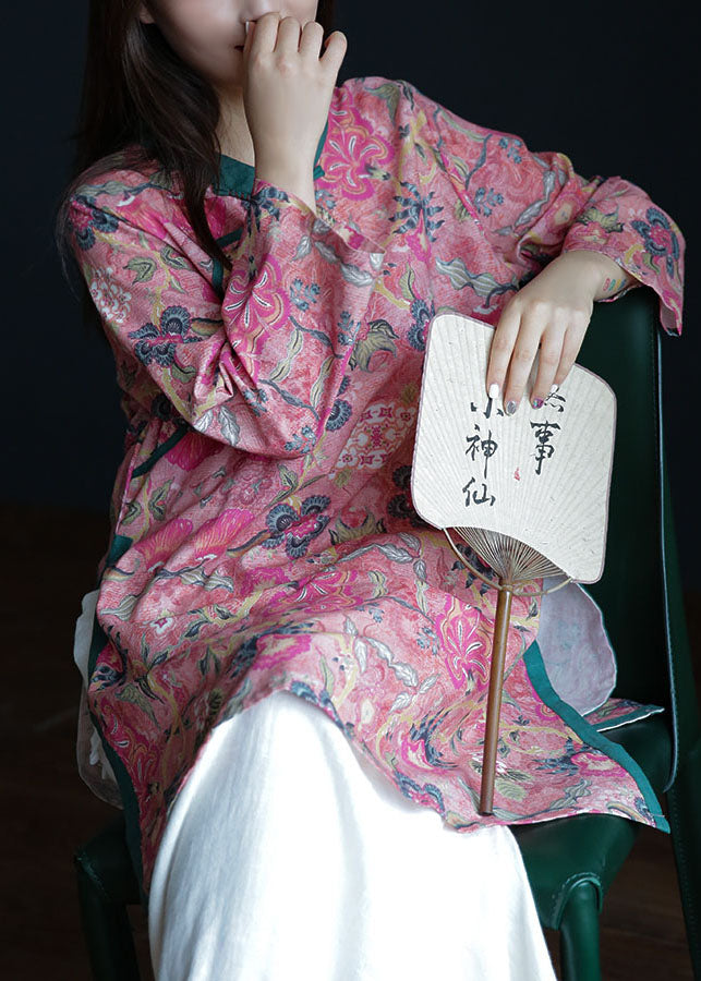 Vintage Rosa Knopf Stehkragen seitlich offener Druck Leinen Tops Langarm