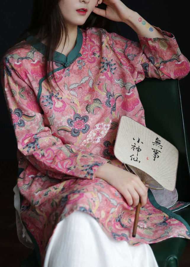 Vintage Rosa Knopf Stehkragen seitlich offener Druck Leinen Tops Langarm