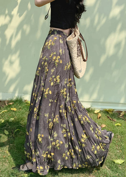 Falda de algodón con cintura elástica arrugada y estampado vintage para primavera