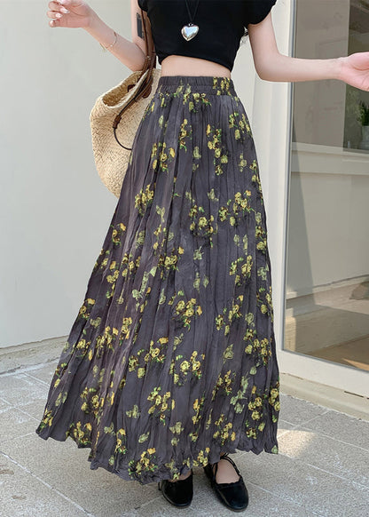 Falda de algodón con cintura elástica arrugada y estampado vintage para primavera