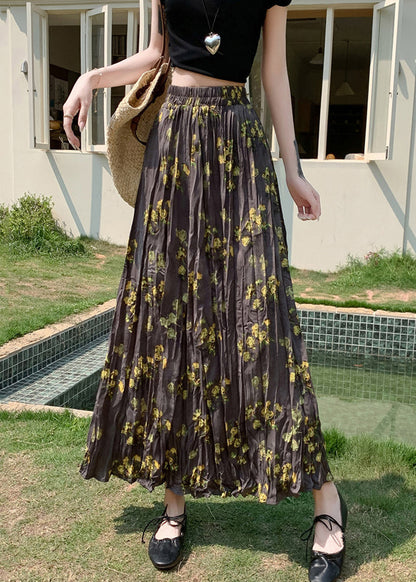 Falda de algodón con cintura elástica arrugada y estampado vintage para primavera