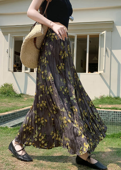 Falda de algodón con cintura elástica arrugada y estampado vintage para primavera