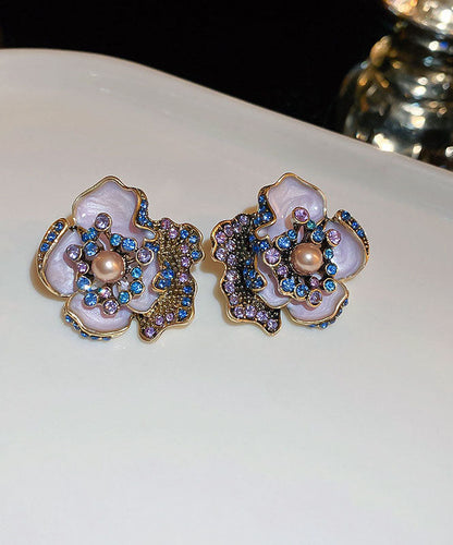 Vintage Purple Alloy Zircon Pearl Drip Glaze Stud Earrings