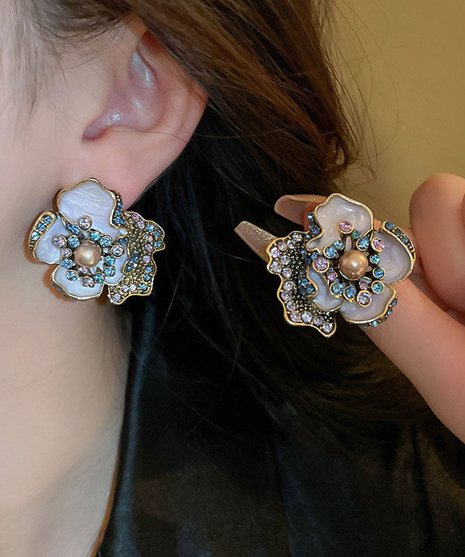 Vintage Purple Alloy Zircon Pearl Drip Glaze Stud Earrings