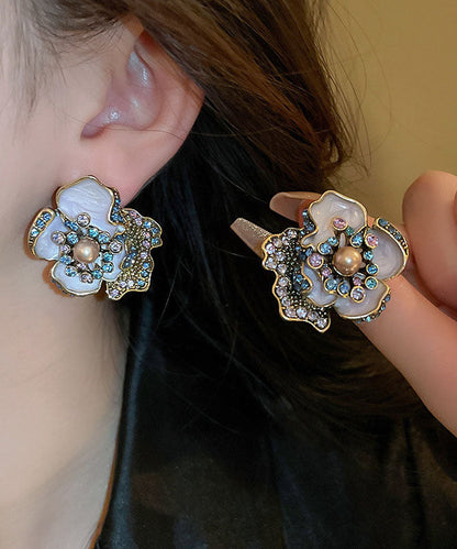 Vintage Purple Alloy Zircon Pearl Drip Glaze Stud Earrings