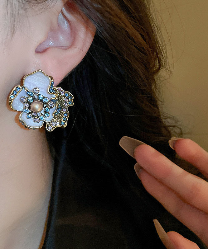 Vintage Purple Alloy Zircon Pearl Drip Glaze Stud Earrings