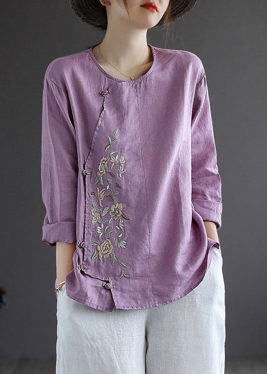 Vintage Lila Knopf O-Ausschnitt Leinen Tops Langarm