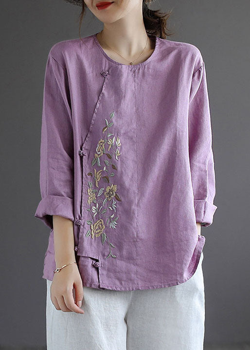 Vintage Purple Button O-Neck Linen Tops Long Sleeve