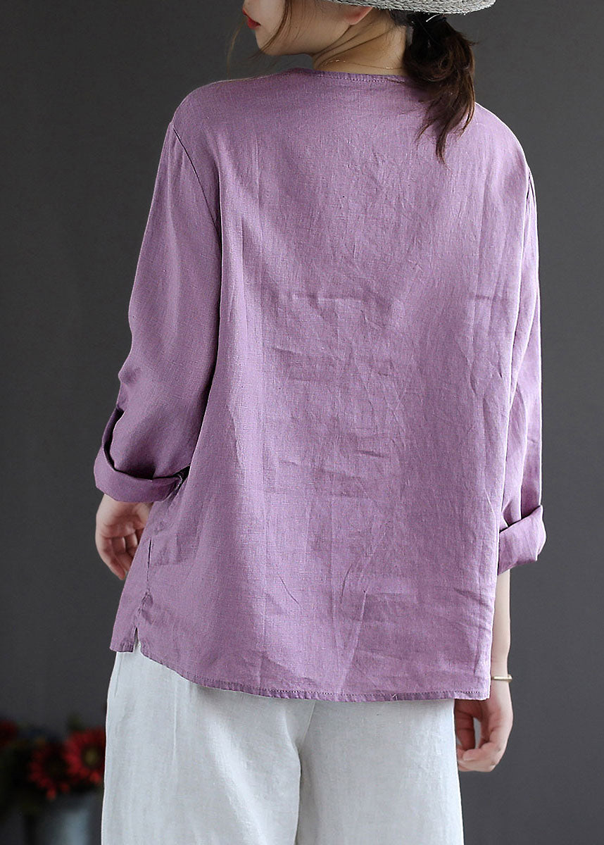 Vintage Purple Button O-Neck Linen Tops Long Sleeve