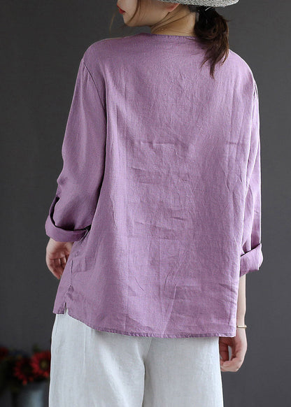Vintage Purple Button O-Neck Linen Tops Long Sleeve