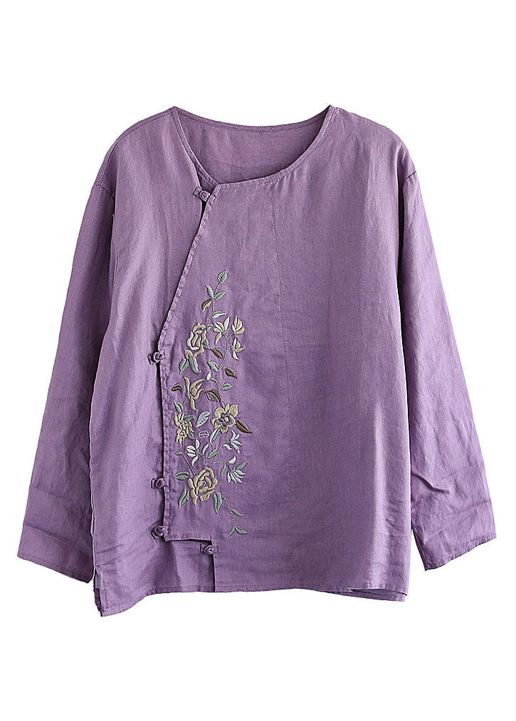 Vintage Purple Button O-Neck Linen Tops Long Sleeve
