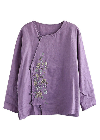 Vintage Purple Button O-Neck Linen Tops Long Sleeve