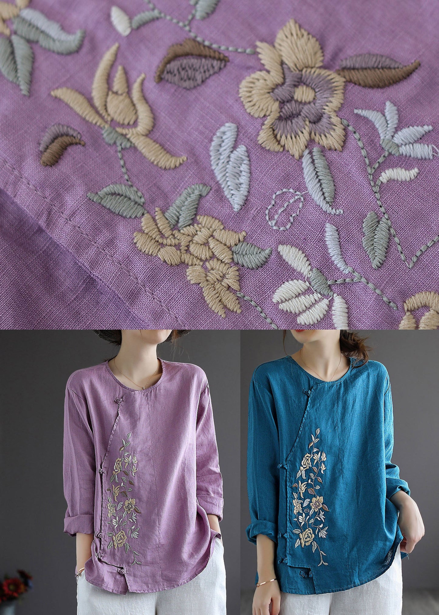 Vintage Purple Button O-Neck Linen Tops Long Sleeve
