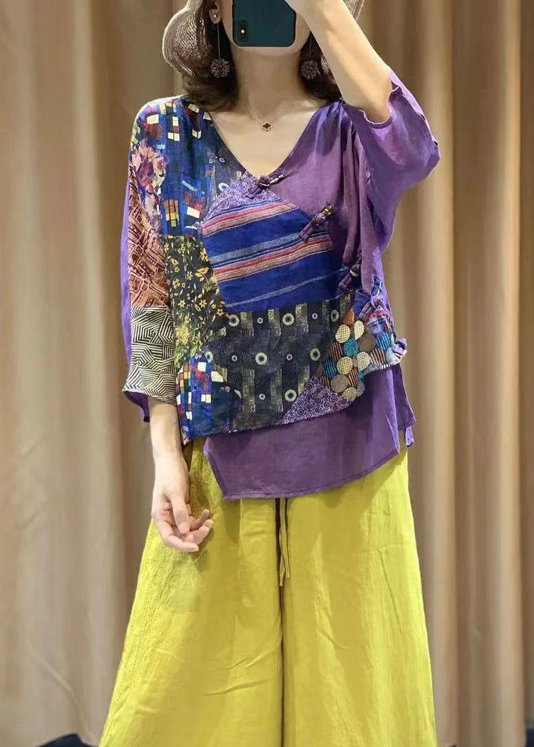 Camisa de algodón con estampado de botones chinos morados vintage de verano