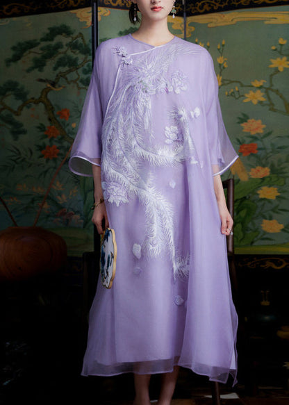 Vintage Purple Embroidered Silk Oriental Dress Summer