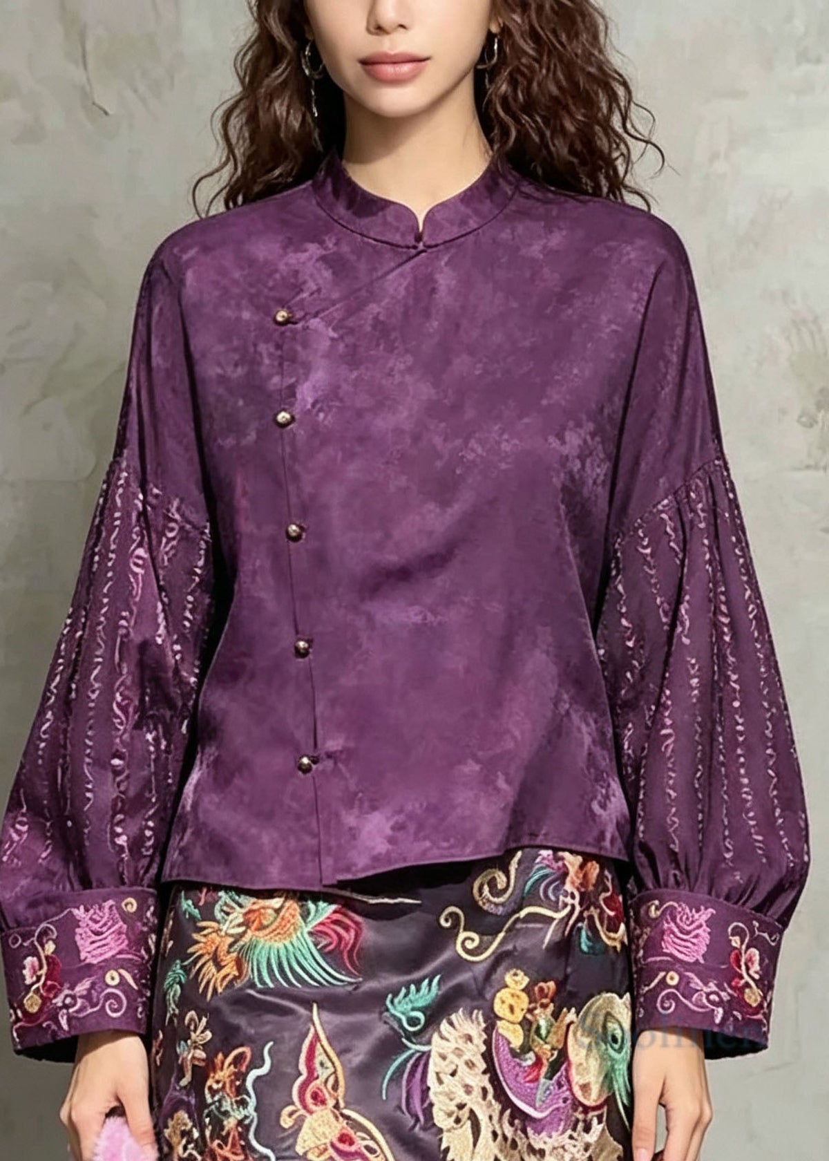 Vintage Purple Embroidered Silk Two Piece Set Women Clothing Fall