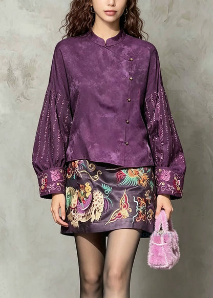 Vintage Purple Embroidered Silk Two Piece Set Women Clothing Fall