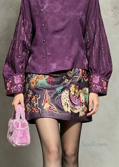 Vintage Purple Embroidered Silk Two Piece Set Women Clothing Fall