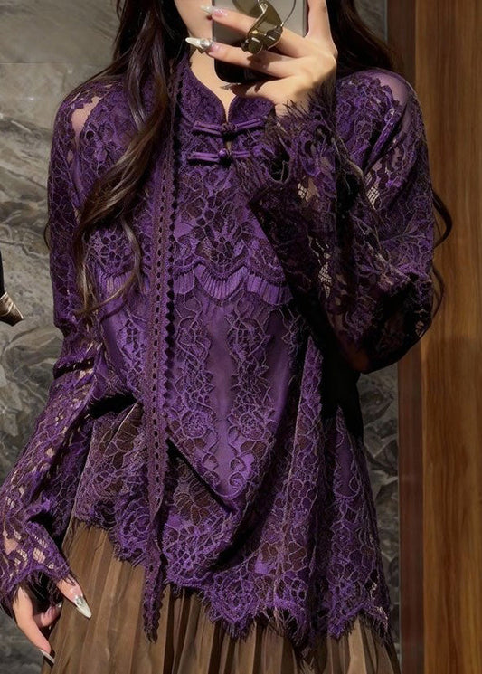 Vintage Purple Mandarin Collar Hollow Out Lace Blouses Spring
