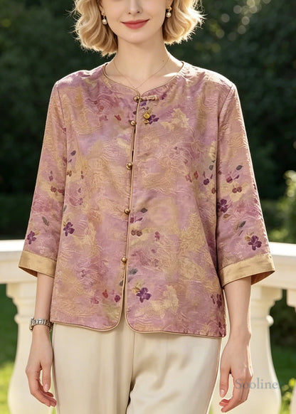 Vintage Purple O-Neck Print Silk Shirt Top Bracelet Sleeve