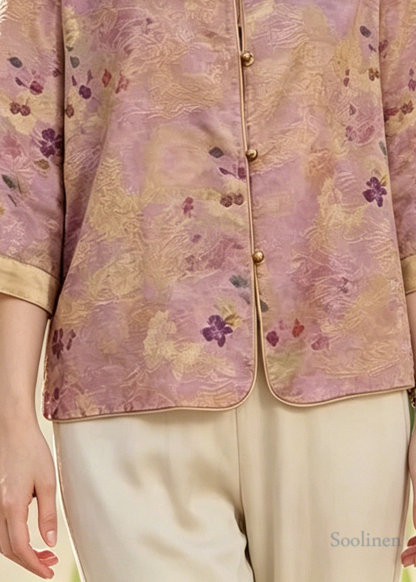 Vintage Purple O-Neck Print Silk Shirt Top Bracelet Sleeve