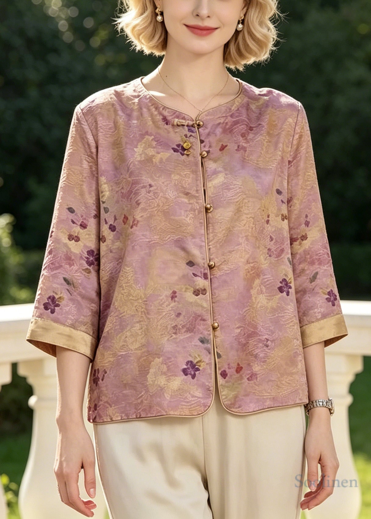 Vintage Purple O-Neck Print Silk Shirt Top Bracelet Sleeve