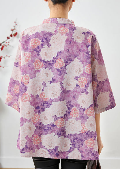 Vintage Lila Print Chinesischer Knopf Baumwolltop Sommer